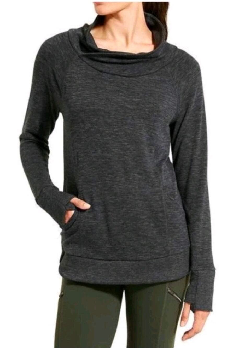 Athleta Techie Sweat Track Sweatshirt Gray X Small Kangaroo Pockets Poly/Spandex